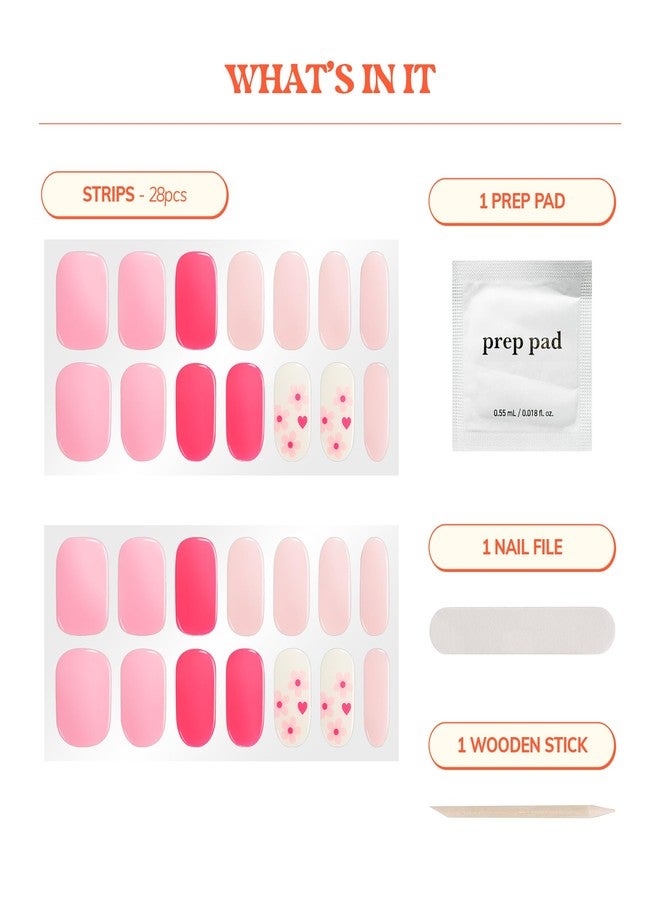 Heyhae Semi Cured Gel Nail Strips | No LED Lamp Needed |Pink, Valentines | Easy Apply & Remove, Salon Quality | Includes 28 Strips, 1 Prep Pads, Nail File & Wooden stick - Hey, Love Blossom - Image 3